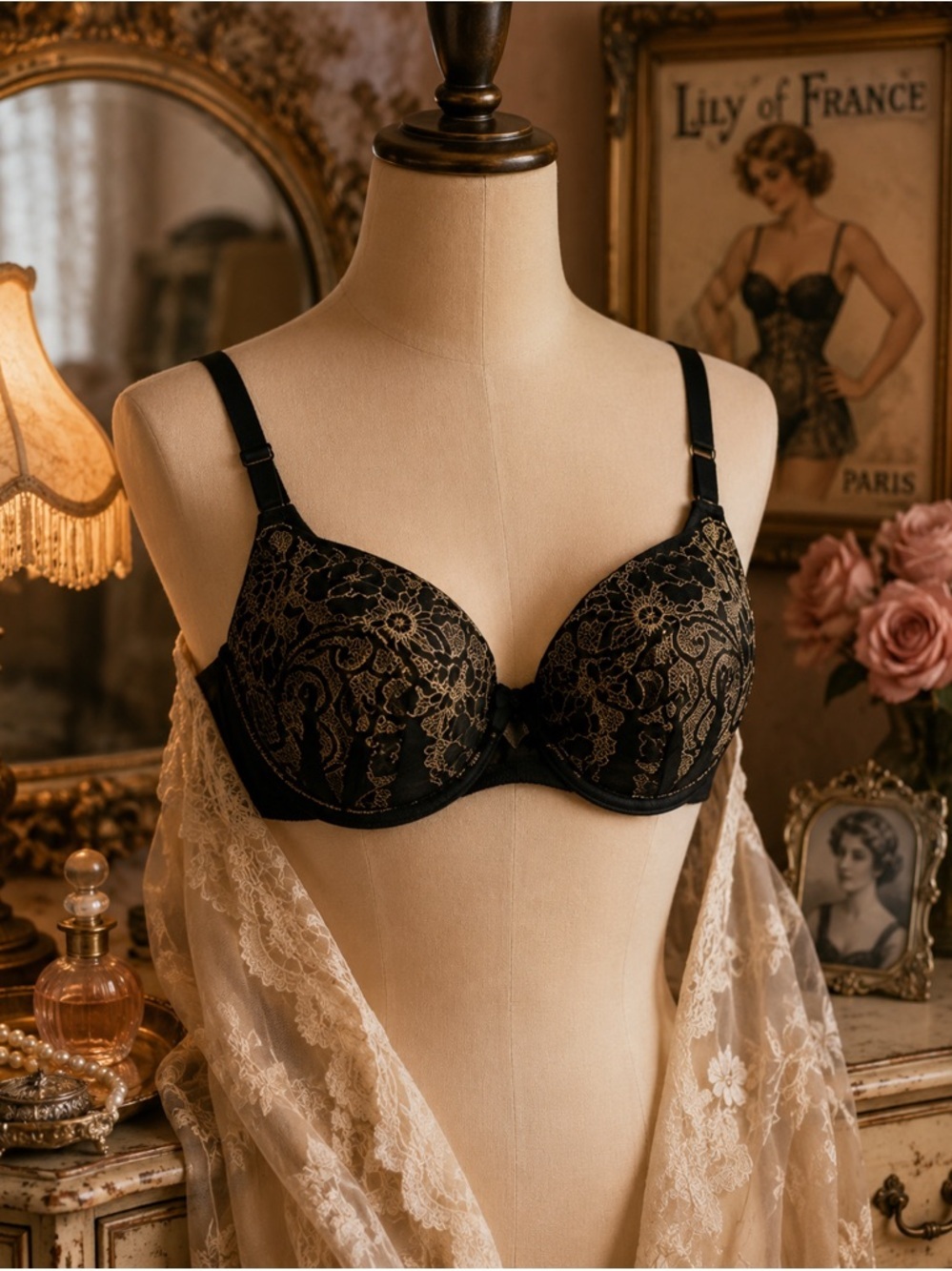 Lily Of France Ego Boost Push Up Bra 38D Convertible Strap Add-A-Size Black